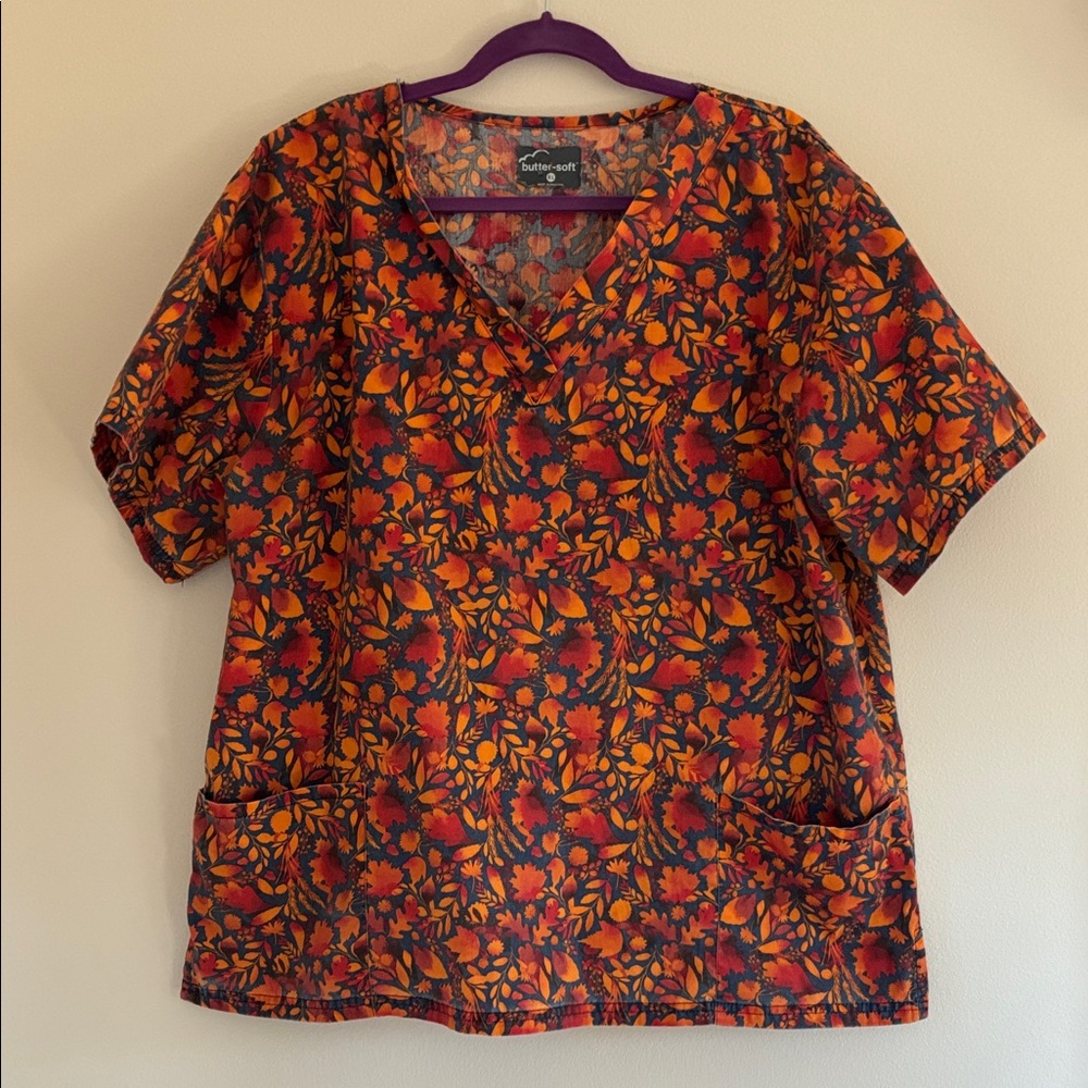 Buttersoft Leaves V-Neck Top - Orange and Blue short sleeves, scrub size XL